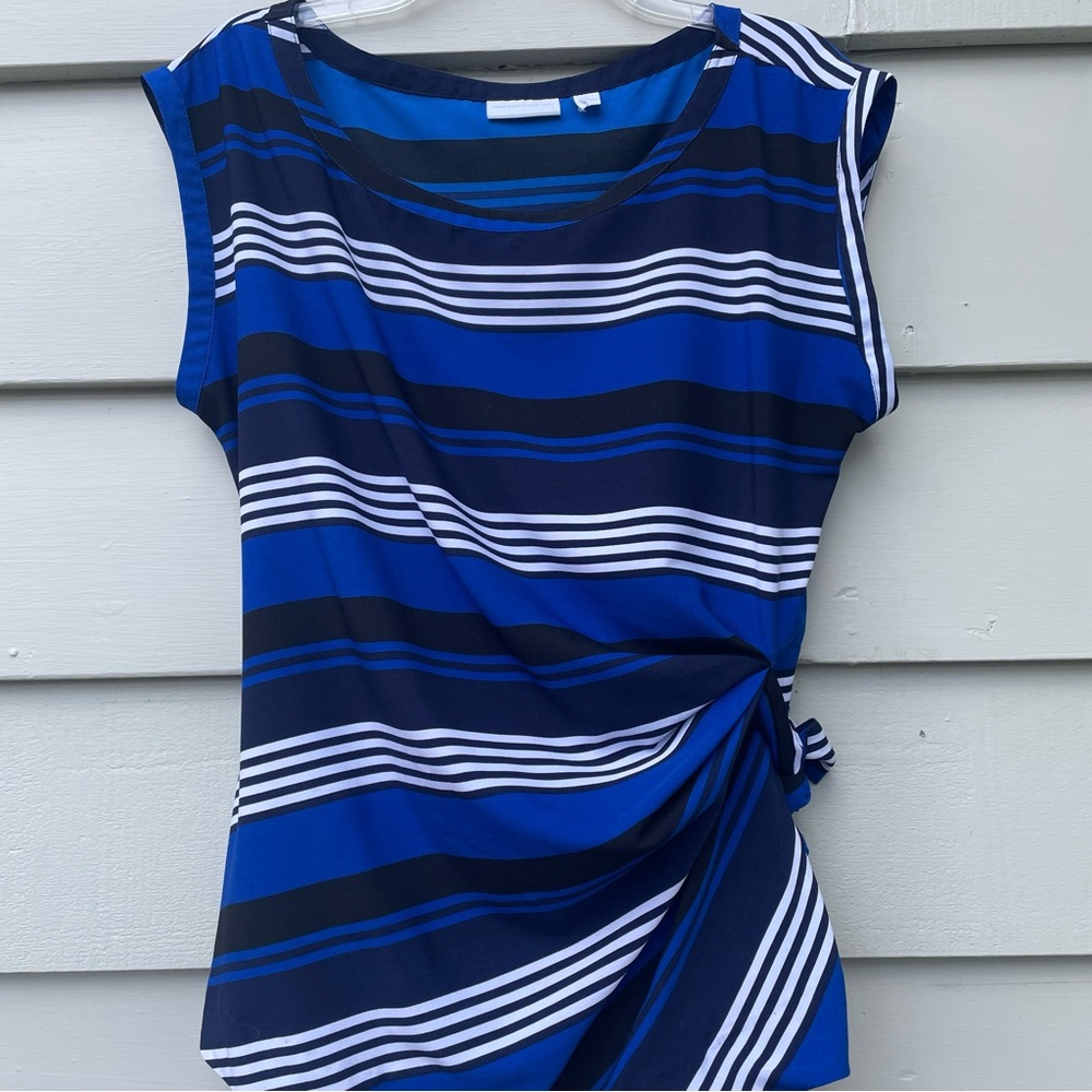 NY&Co Blue and Black Stripe Ruched Blouse Medium